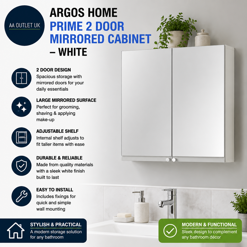 Argos Home Prime 2 Door Mirrored Cabinet Assembly White 50x60x14cm