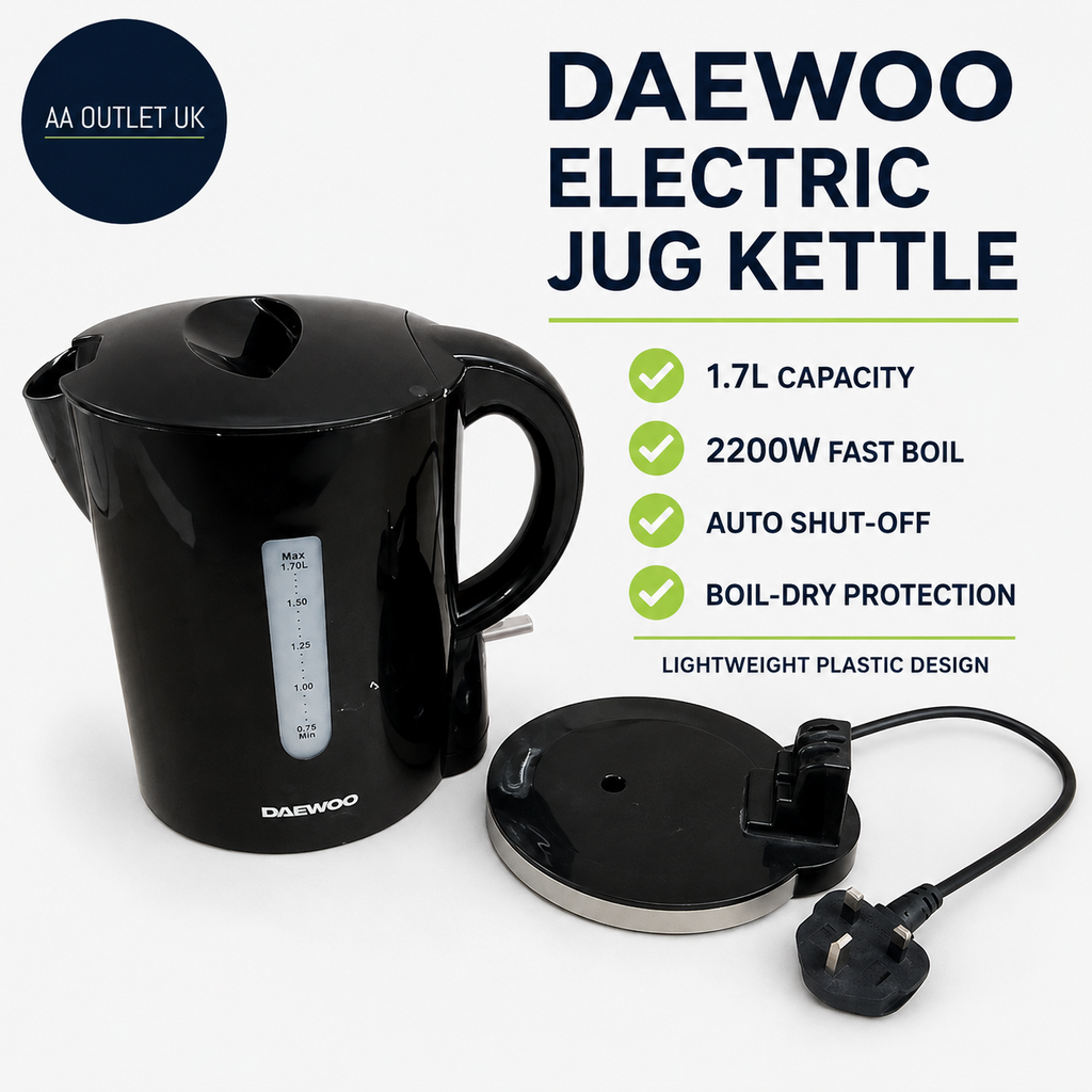 Daewoo 1.7L Electric Kettle Fast Boil Lightweight Plastic 2200w Power Black Jug
