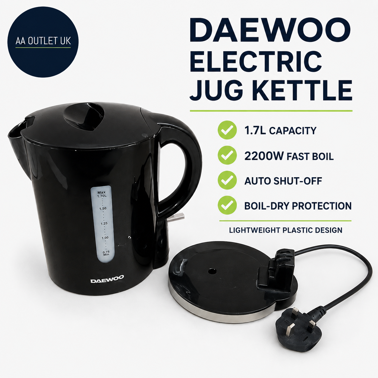 Daewoo 1.7L Electric Kettle Fast Boil Lightweight Plastic 2200w Power Black Jug