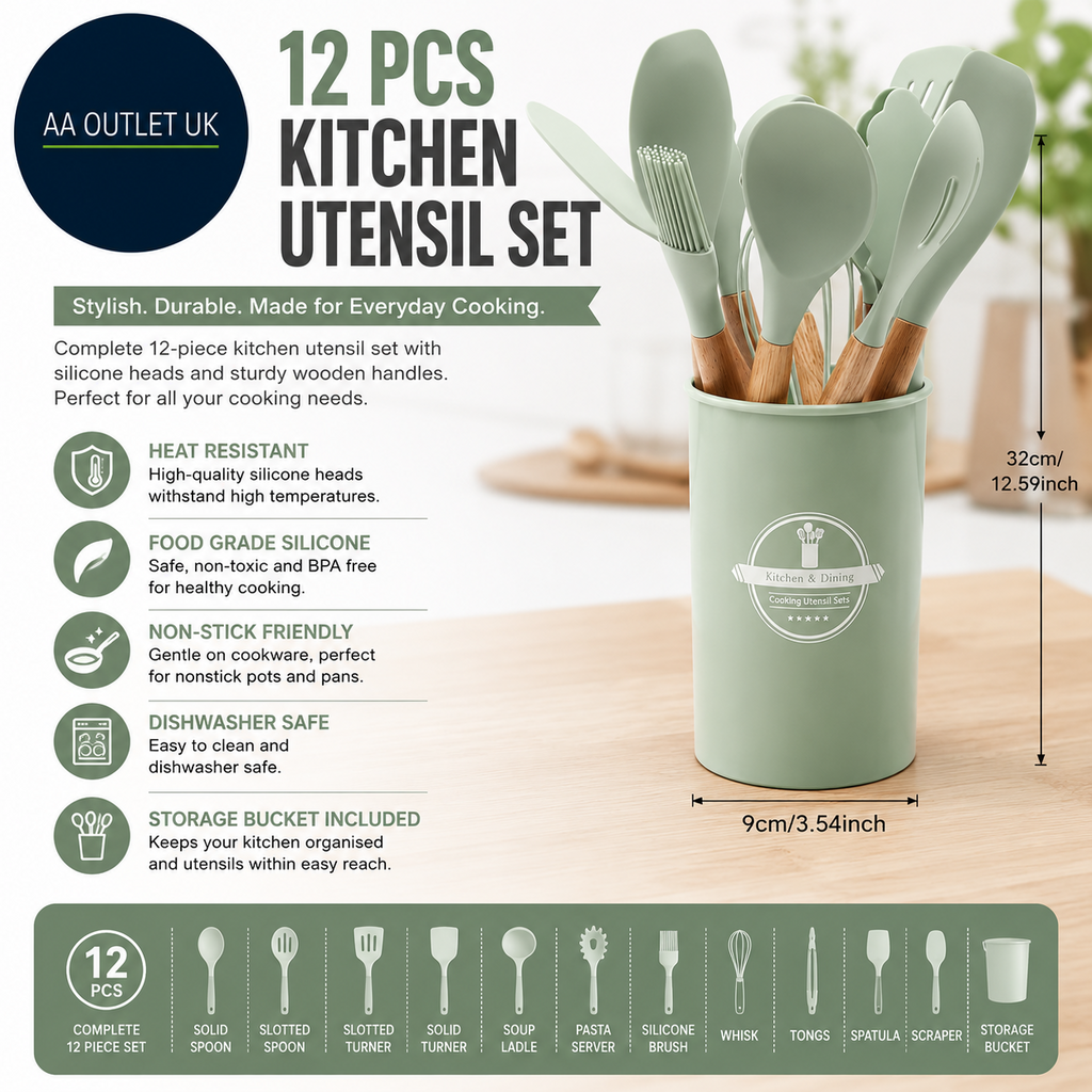 12pc Kitchen Utensil Set Silicone Cooking Utensils Wooden Handle Heat Resistant