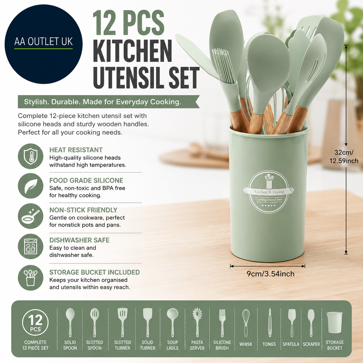 12pc Kitchen Utensil Set Silicone Cooking Utensils Wooden Handle Heat Resistant