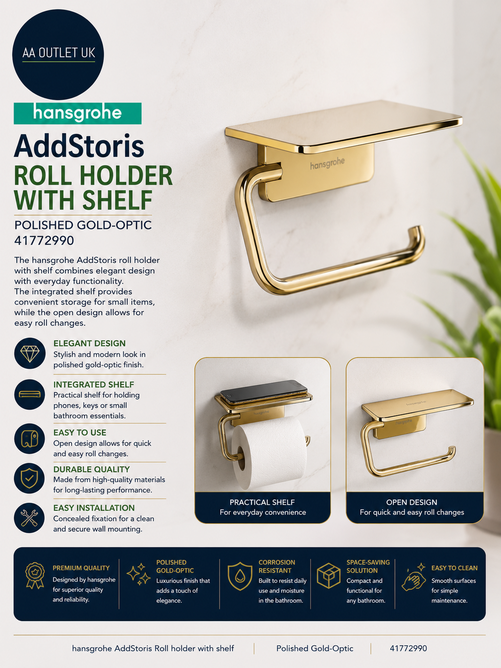 Hansgrohe AddStoris Roll Holder Shelf Polished Gold Optic Metal 41772990