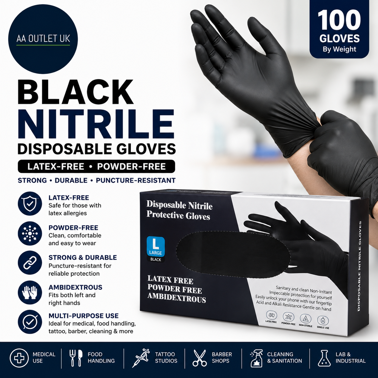 Praima Black Nitrile Disposable Gloves Latex Free Powder Pack 100 Large New