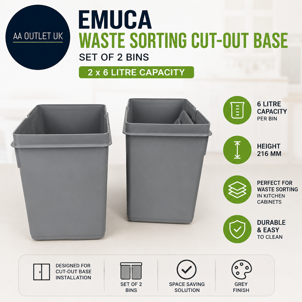 Emuca Waste Sorting Cut Out Base 2pc Bins 216mm 6L Capacity Grey