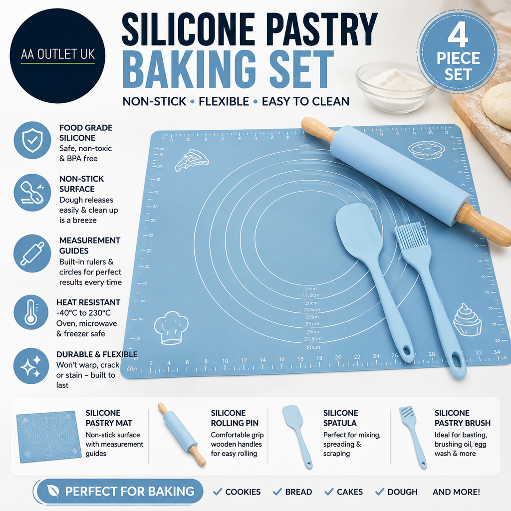 Silicone Pastry Baking Set Non Stick Mat Rolling Pin Spatula Brush Dough Blue