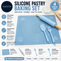 Silicone Pastry Baking Set Non Stick Mat Rolling Pin Spatula Brush Dough Blue