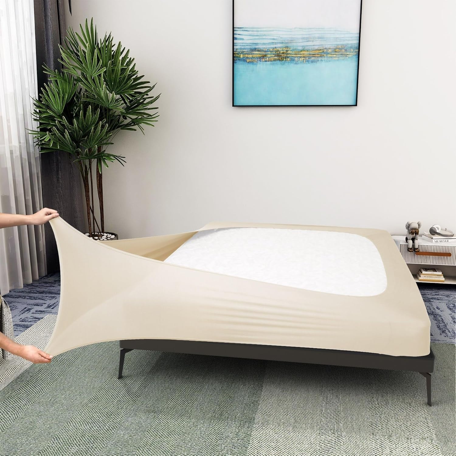Box Spring Cover King Elastic Fabric Wrap Around 4 Sides Bed Skirt Beige New