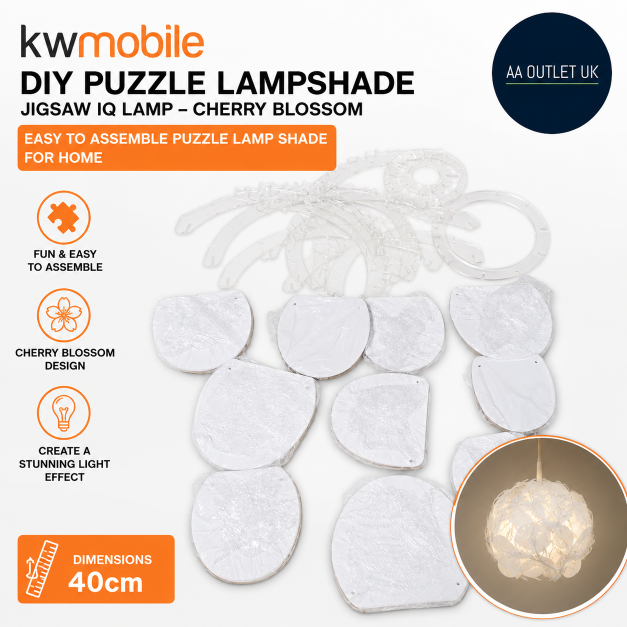 Kwmobile DIY Puzzle Lampshade Jigsaw IQ Lamp Cherry Blossom Flower Light 40cm