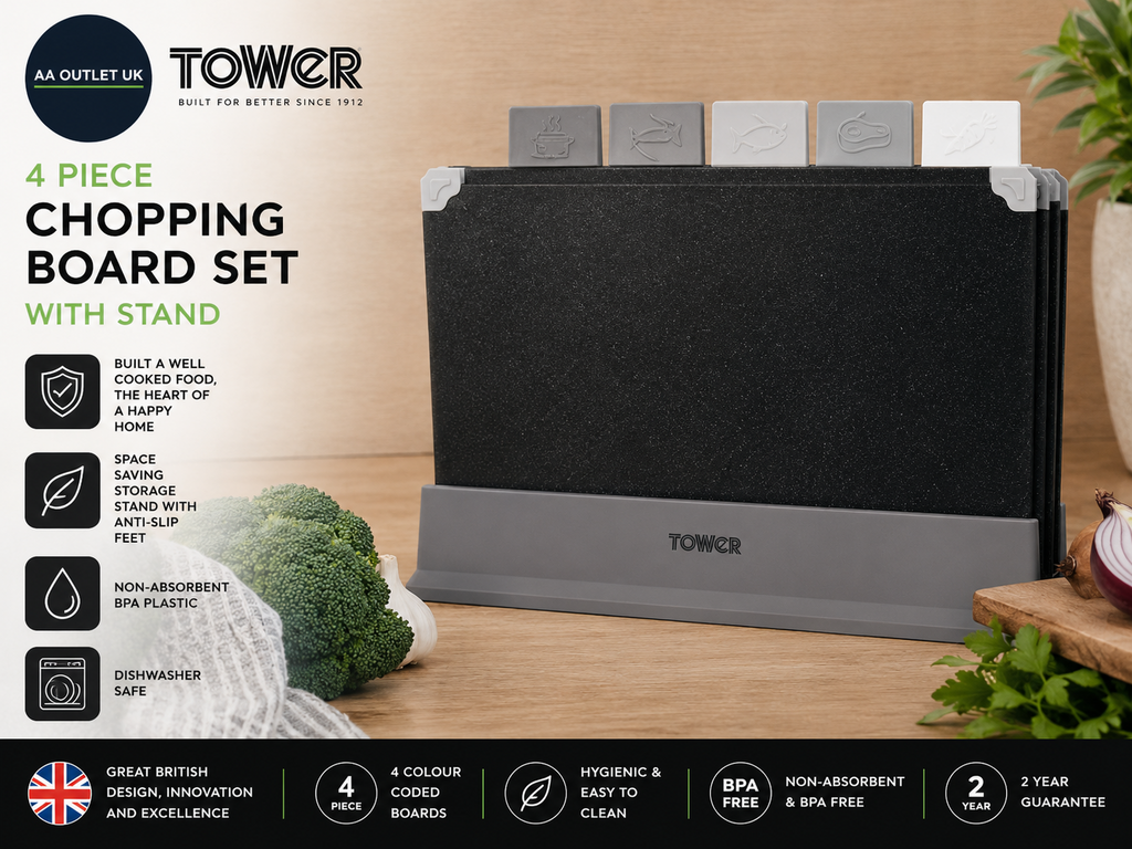 Tower 4 Pieces Chopping Board Set Stand Black T847041 Bread Fish Fruit Meat