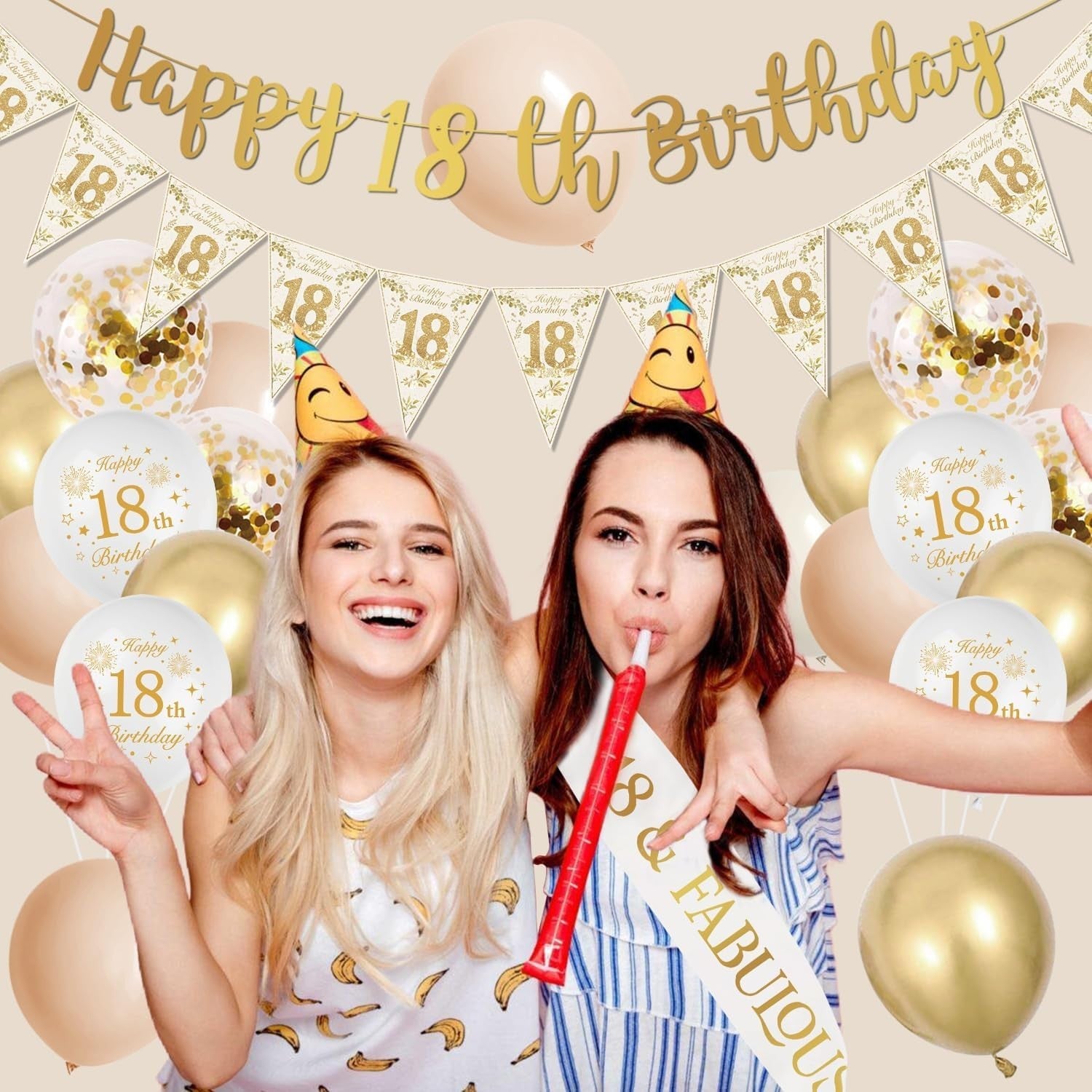 18th Birthday Decorations Gold Banner Sand White Balloons Cake Topper Set