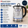 Russell Hobbs Brita Purity Glass 1.5L Electric Cordless Kettle 3kw Fast Boil