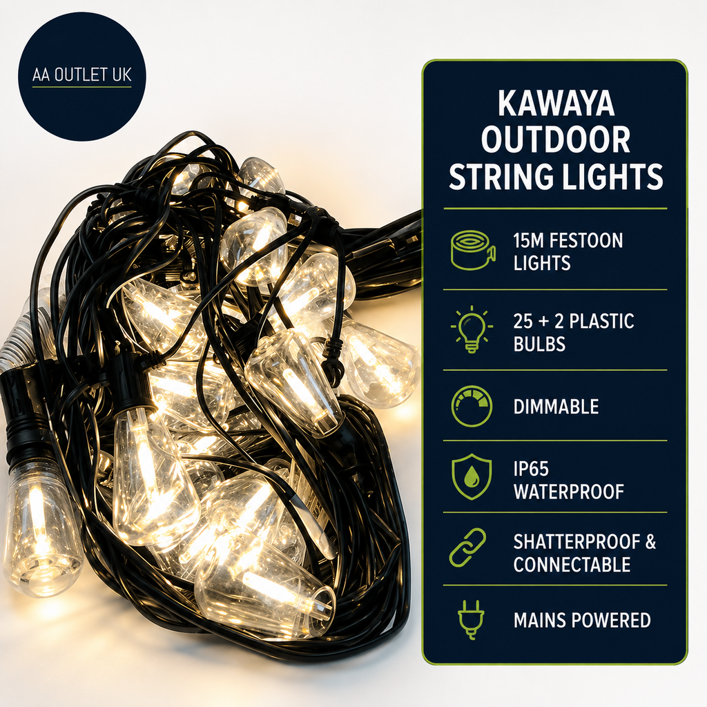 Kawaya Outdoor String Lights Mains Powered 15m LED Garden Festoon Lights