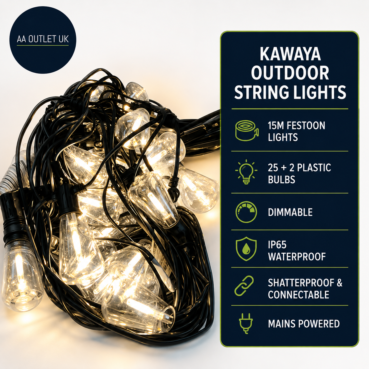 Kawaya Outdoor String Lights Mains Powered 15m LED Garden Festoon Lights