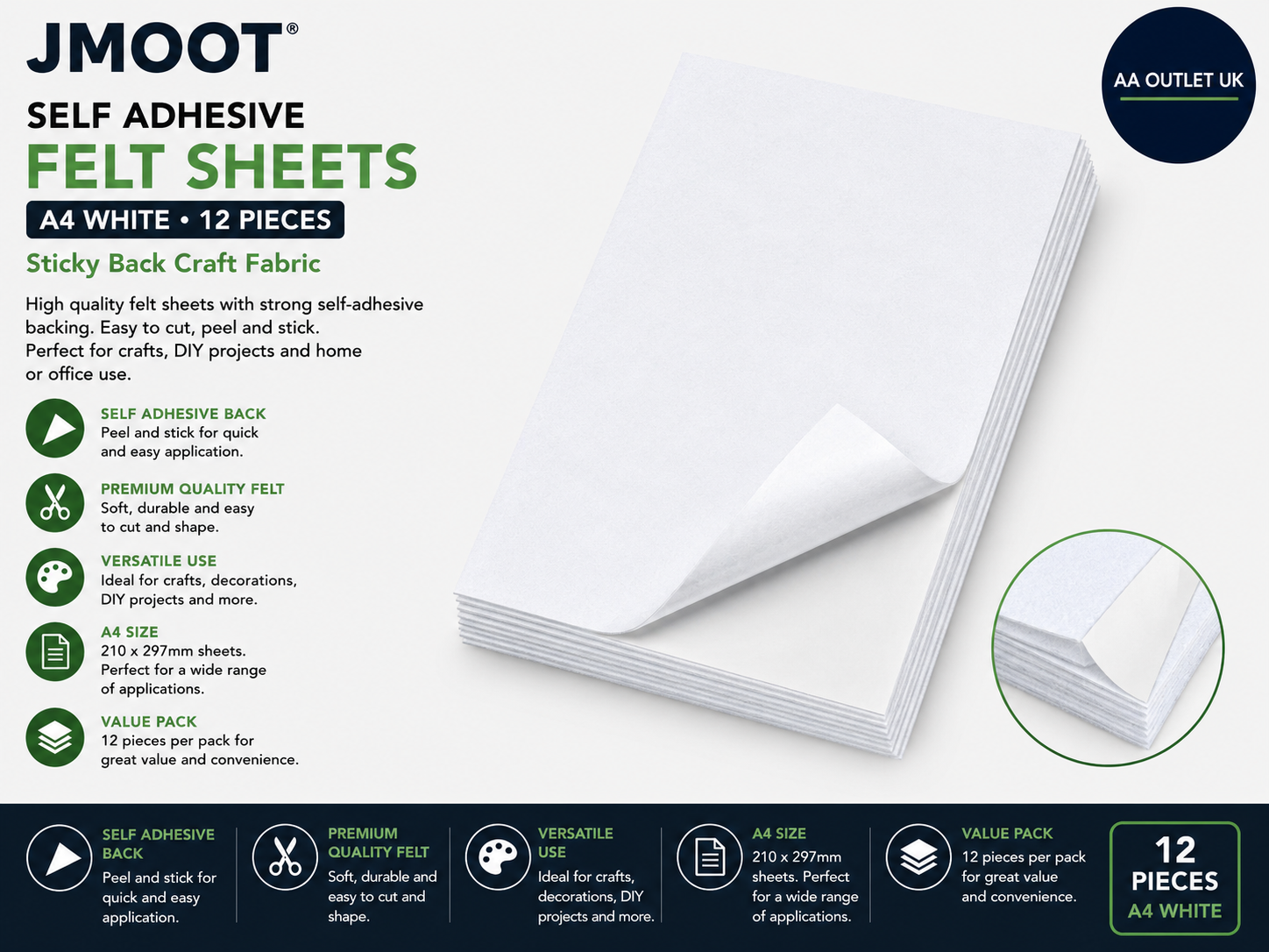 JMOOT Self Adhesive Felt Sheets A4 White Sticky Back Craft Fabric 12 Pieces