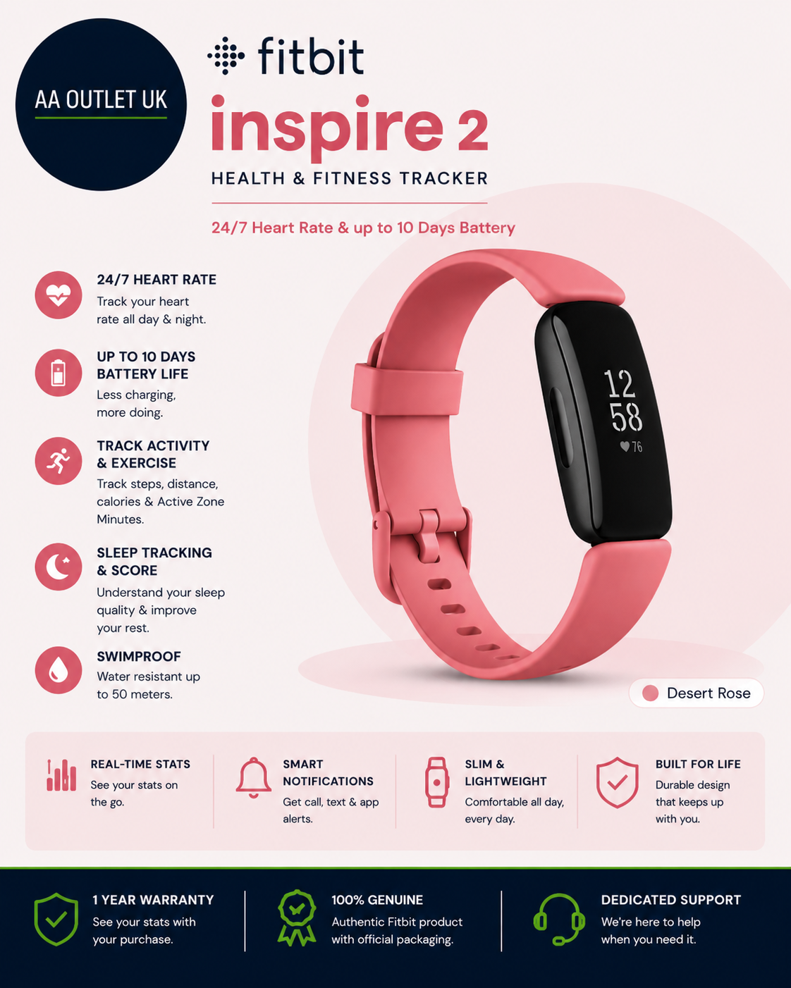 Fitbit Inspire 2 Health & Fitness Tracker 24/7 Heart Rate Up To 10 Days Battery