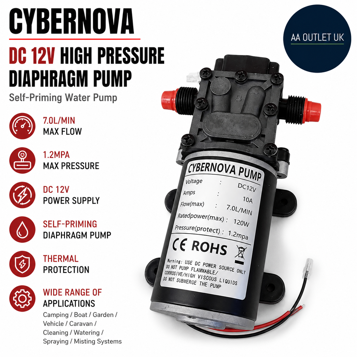 CYBERNOVA DC 12V 7L Min High Pressure Reflux Diaphragm Pump Self Priming Water