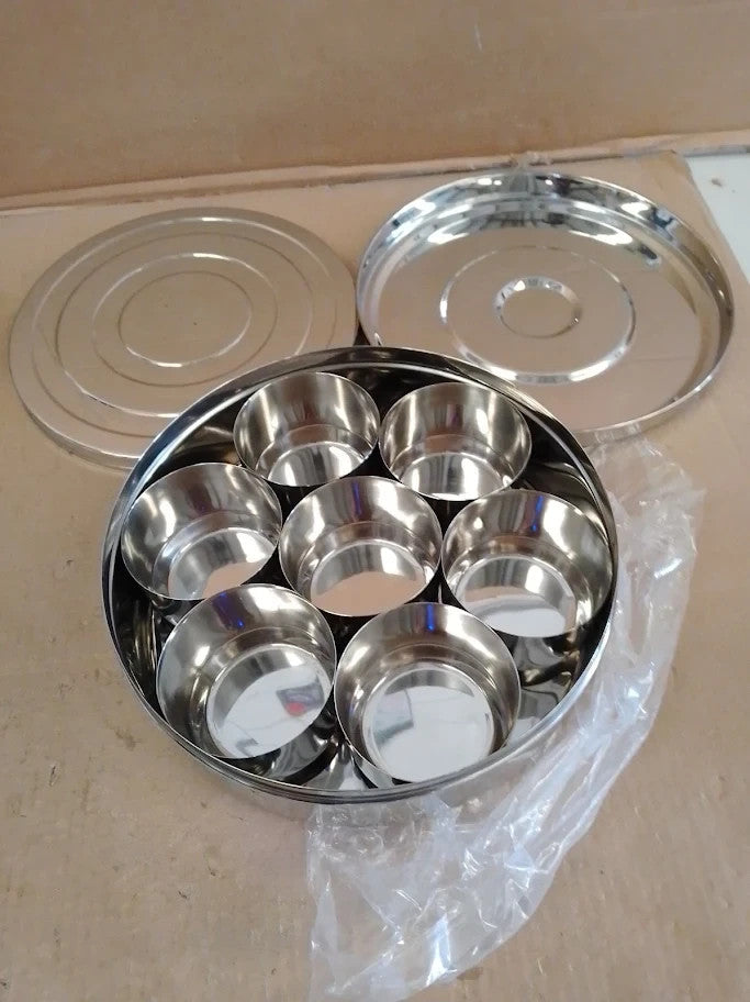 Spice Box Masala Dabba With 7 Compartments And 2 Stainless Steel Lids Silver New