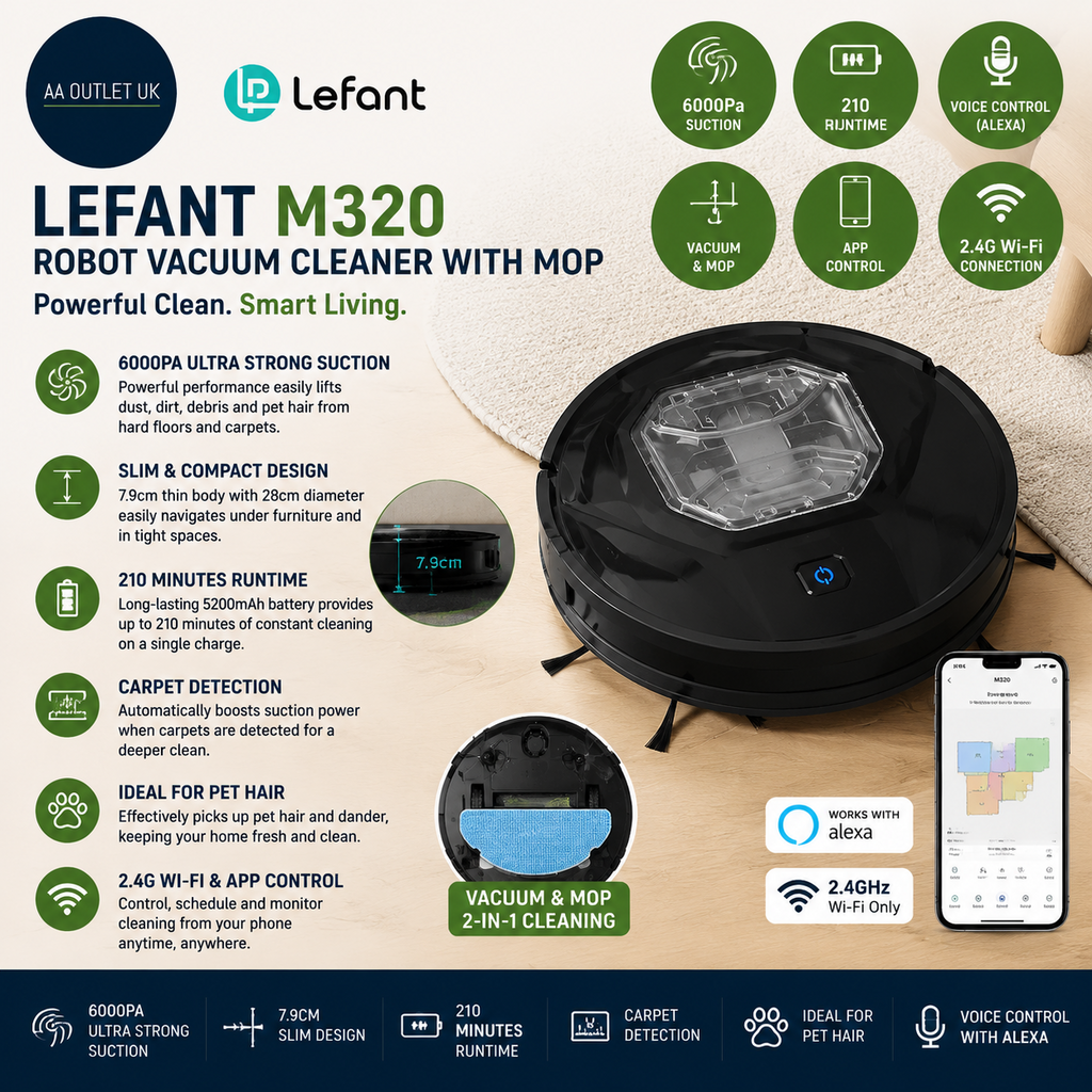 Lefant M320 Robot Vacuum Cleaner Mop 6000Pa Ultra Strong Suction 7.9cm Thin 28cm