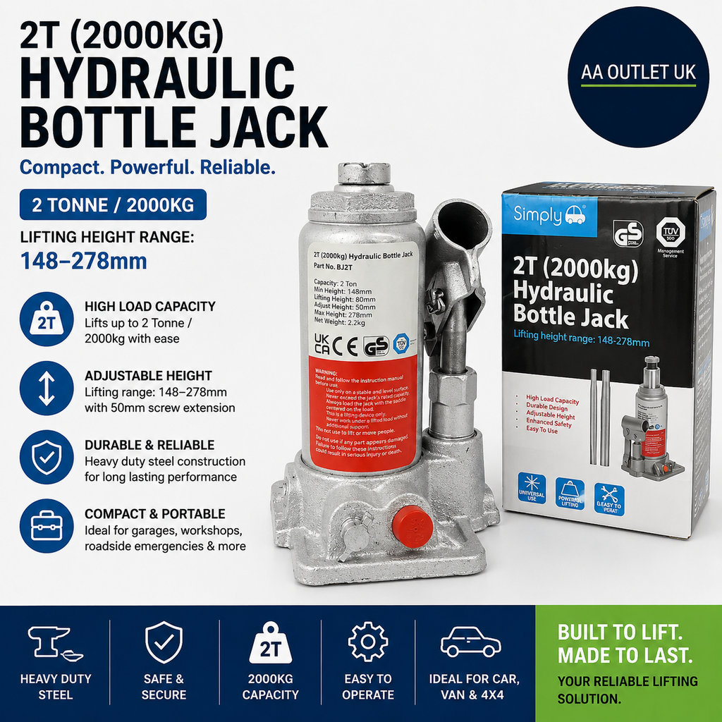 Simply Auto 2T Hydraulic Bottle Jack BJ2T 2 Tonne 2000kg Silver Durable Design