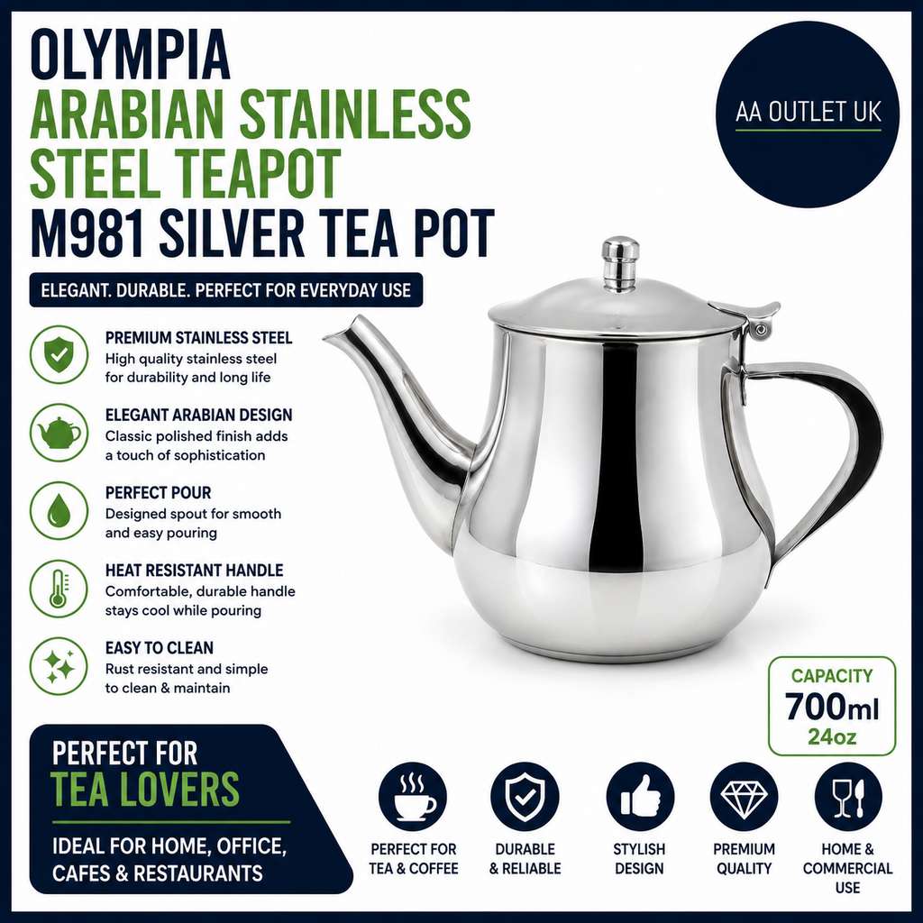 Olympia Arabian Stainless Steel Teapot 700ml M981 Silver Dishwasher Safe Design