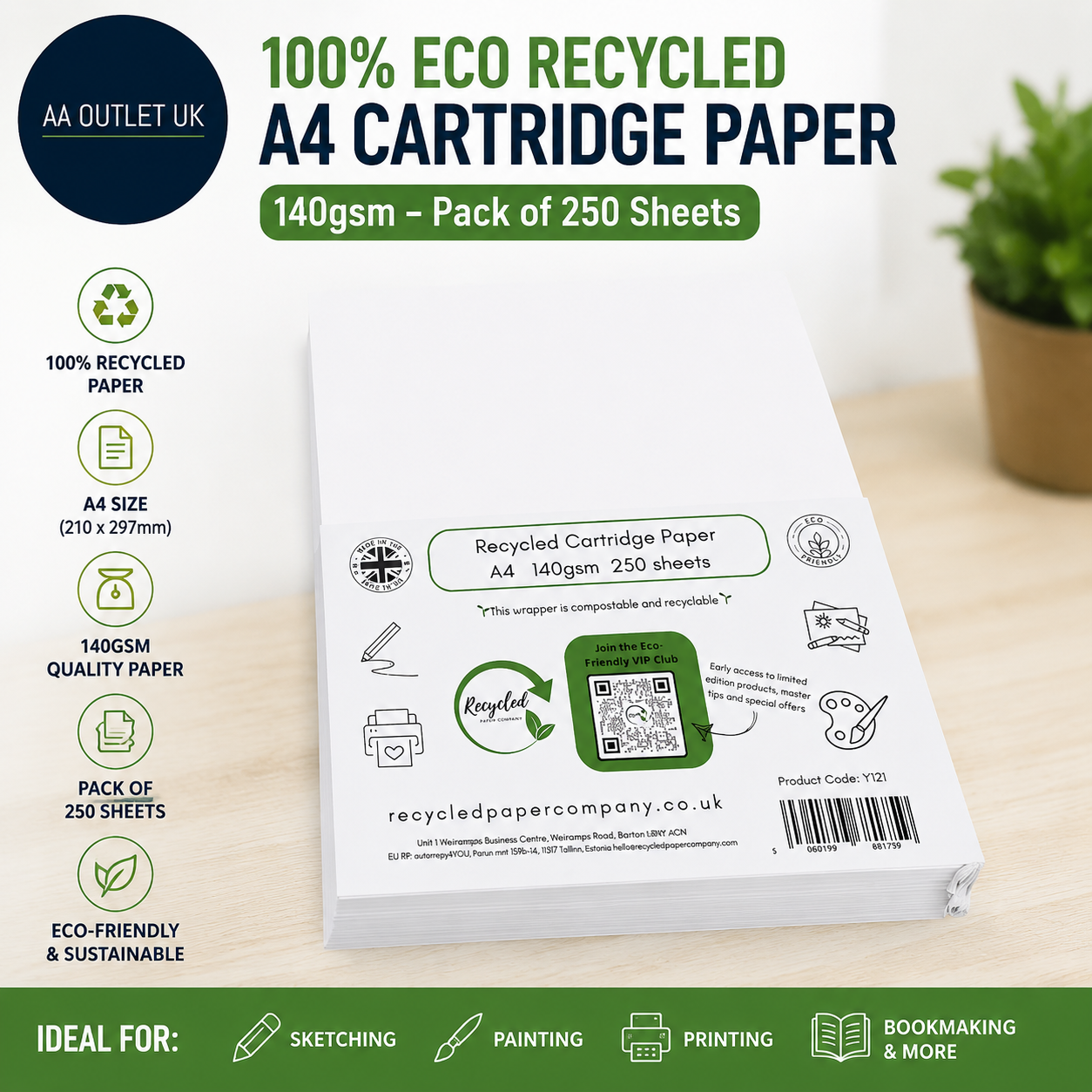 100% Eco Recycled Art A4 Cartridge Paper White Great Art Paper 140gsm 250sheets