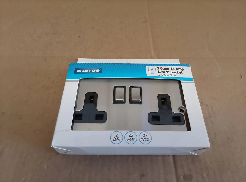 Status Stainless Steel Double Switched Power Plug Wall Socket 13Amp 2 Gang