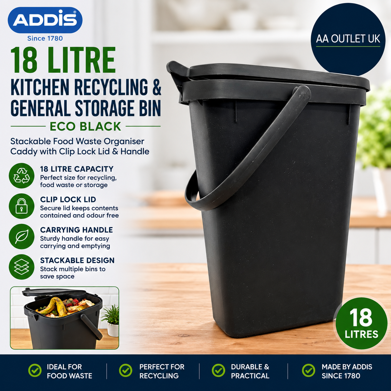 Addis 519282 Kitchen Recycling General Storage Bin 18L Stackable Food Waste