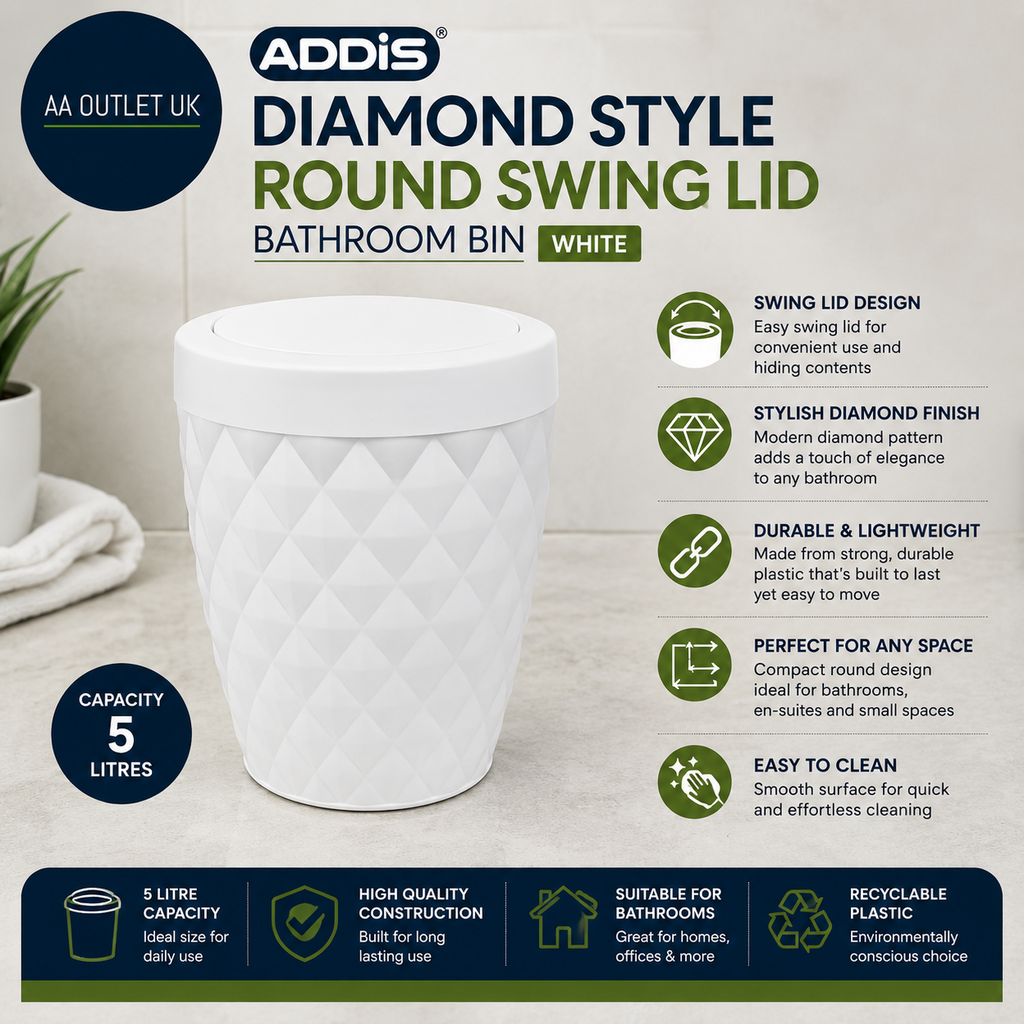 Addis 518030 Diamond Style Round Swing Lid Bathroom Bin White