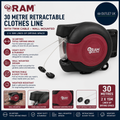 Ram 30 Metre Retractable Reel Clothes Lines Washing With Twin Cable Wall Mounted