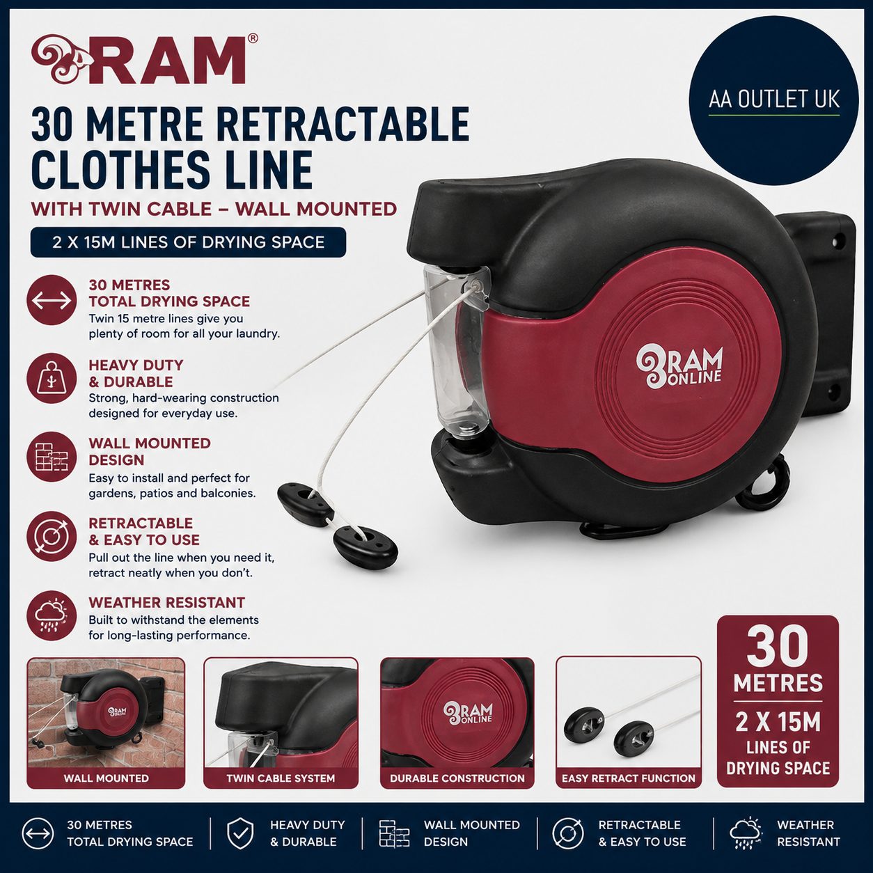 Ram 30 Metre Retractable Reel Clothes Lines Washing With Twin Cable Wall Mounted