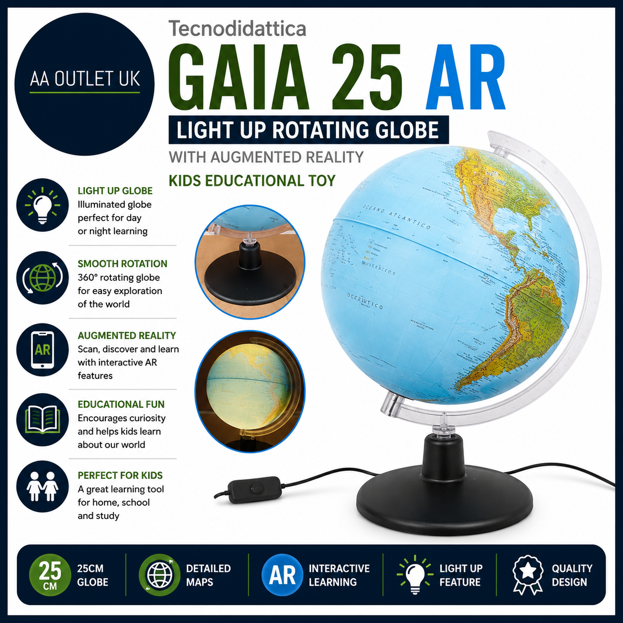 Tecnodidattica GAIA 25 AR Light Up Rotating Globe Augmented Reality Kids Design