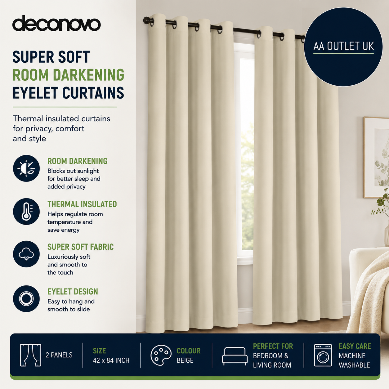 Deconovo Super Soft Window Treatments Thermal Insulated Room Curtains 42x84in