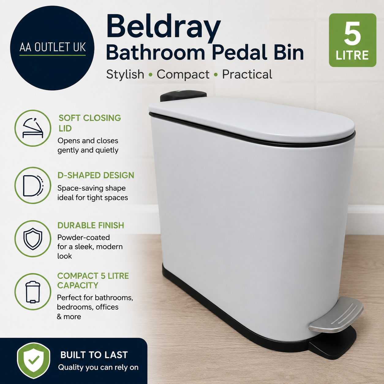Beldray Bathroom Pedal Bin 5Litre Small Toilet Bin Soft Closing Lid Grey