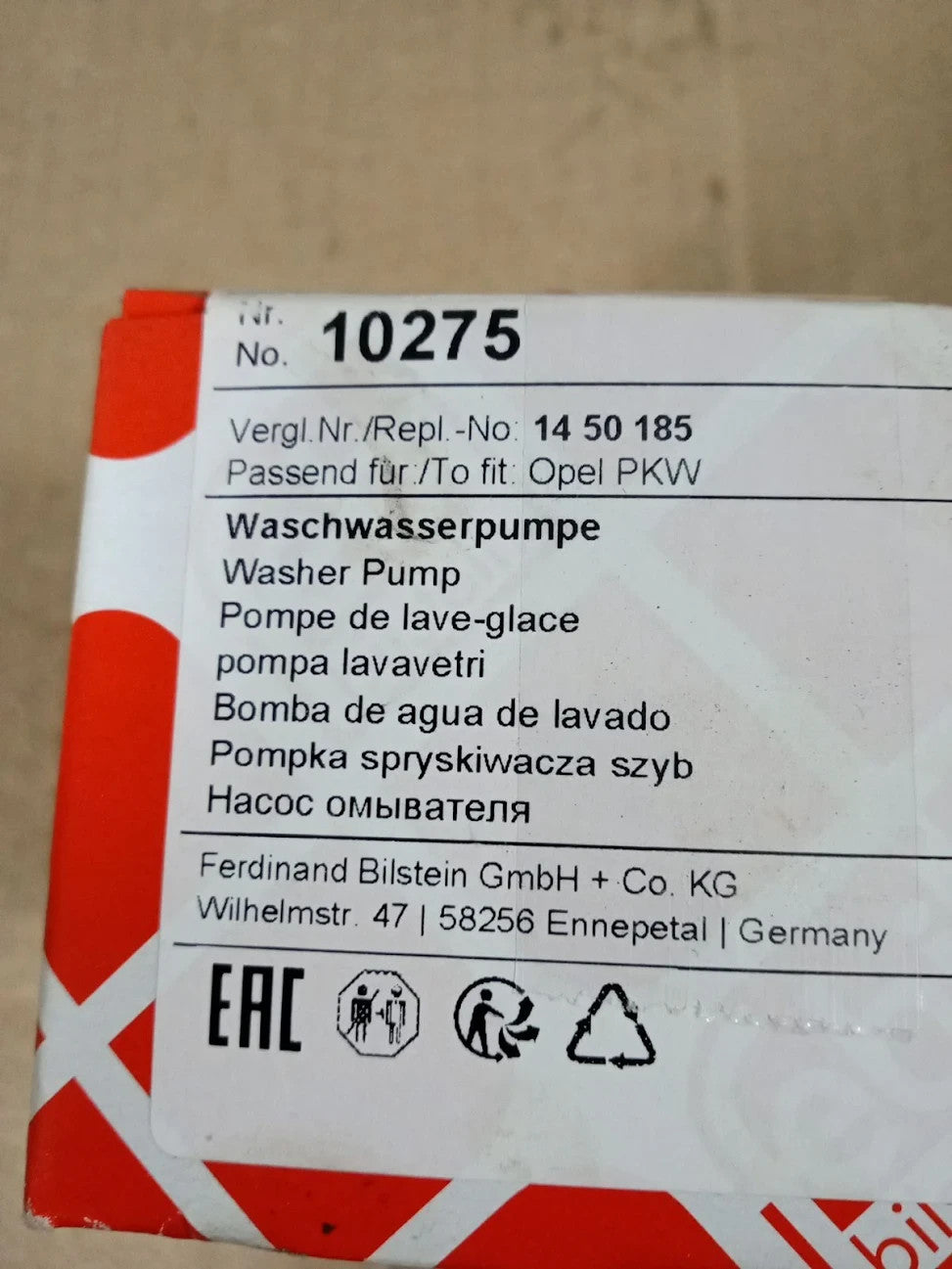 Febi Bilstein 10275 Windscreen Washer Pump Replacement Single Unit 1 Piece New