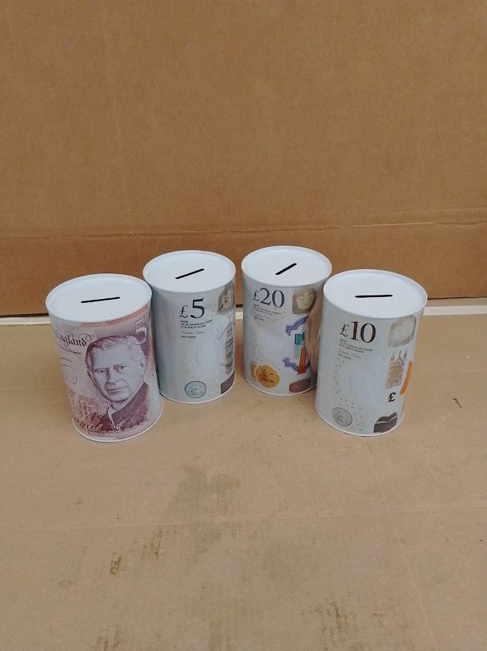 Sapra Money Tins 4 Pack Money Boxes Tinplate Multi Colour Notes Design