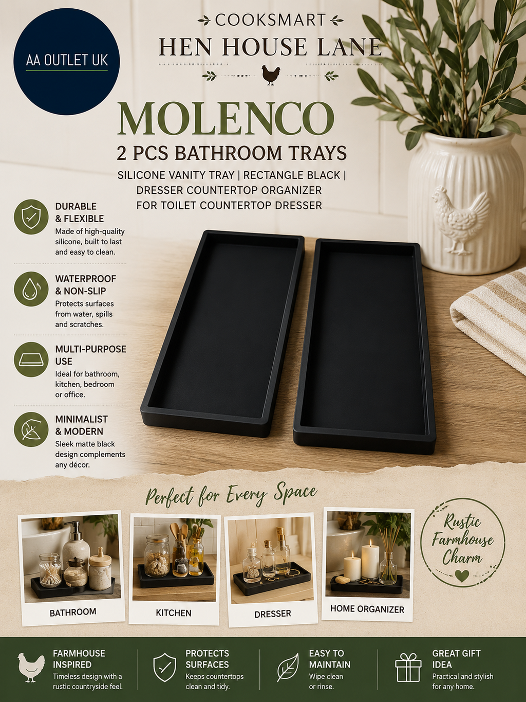 Molenco 2pc Bathroom Trays Silicone Vanity Bathroom Vanity Rectangle Black
