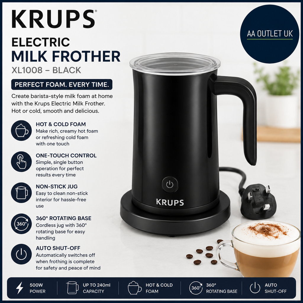 Krups Electric Milk Frother One Touch Control Hot Cold Foam Non Stick 15x20.5cm