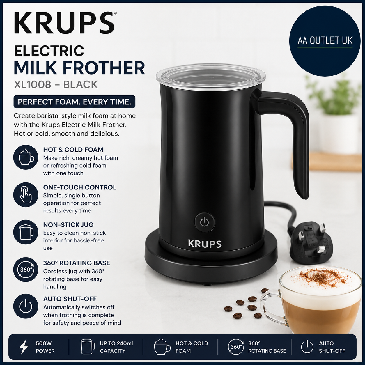 Krups Electric Milk Frother One Touch Control Hot Cold Foam Non Stick 15x20.5cm