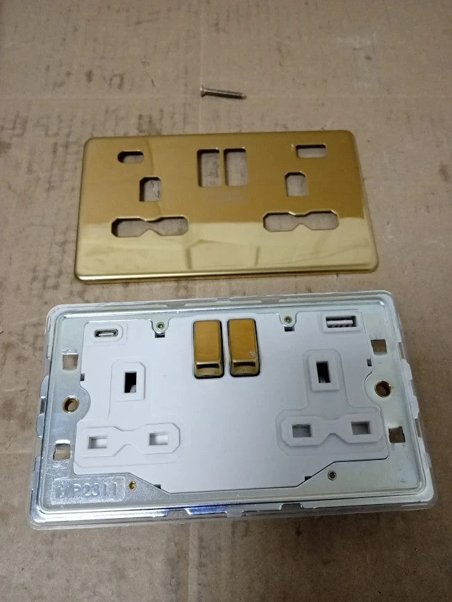 13A 2G SP Switched Socket Dual USB A+C 5V DC 4.0A Shared Brushed Brass