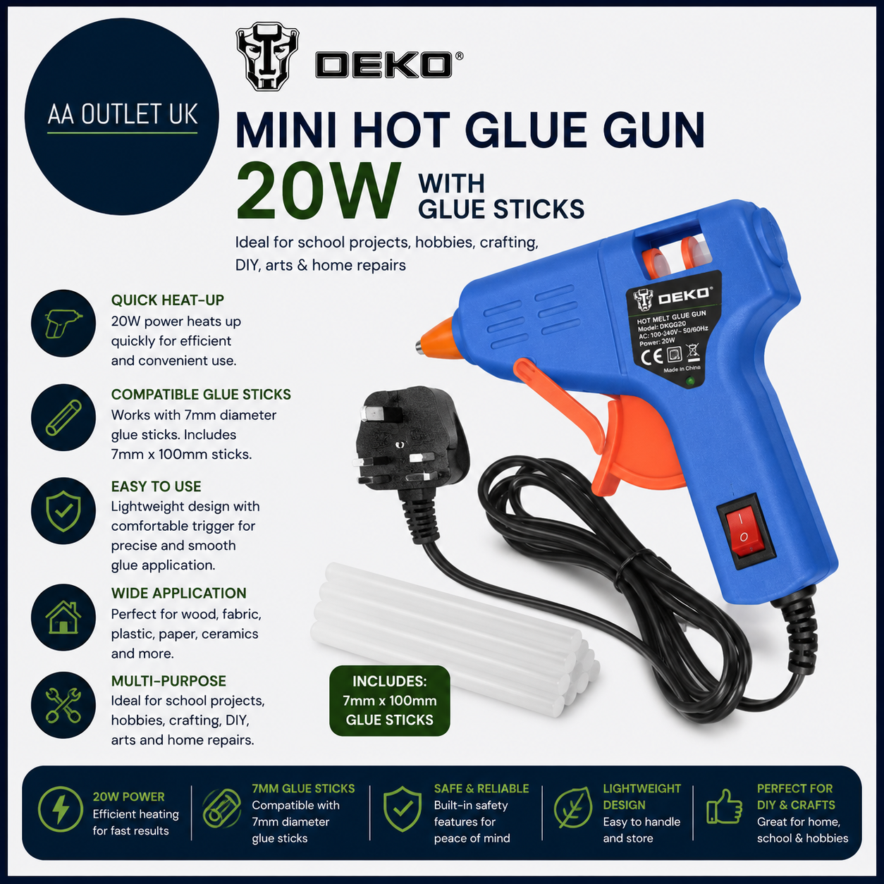 Deko Mini Hot Glue Gun 20W 7x100mm Sticks School Projects Hobbies Crafting DIY