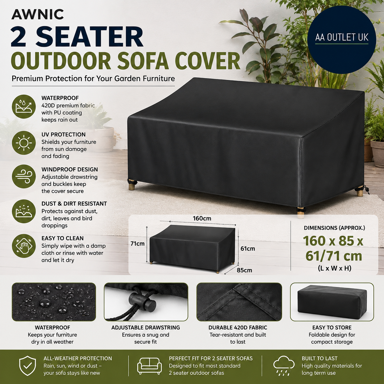 Awnic 2 Seater 420d Outdoor Waterproof Garden Set Sofa Cover 160x85x61cm