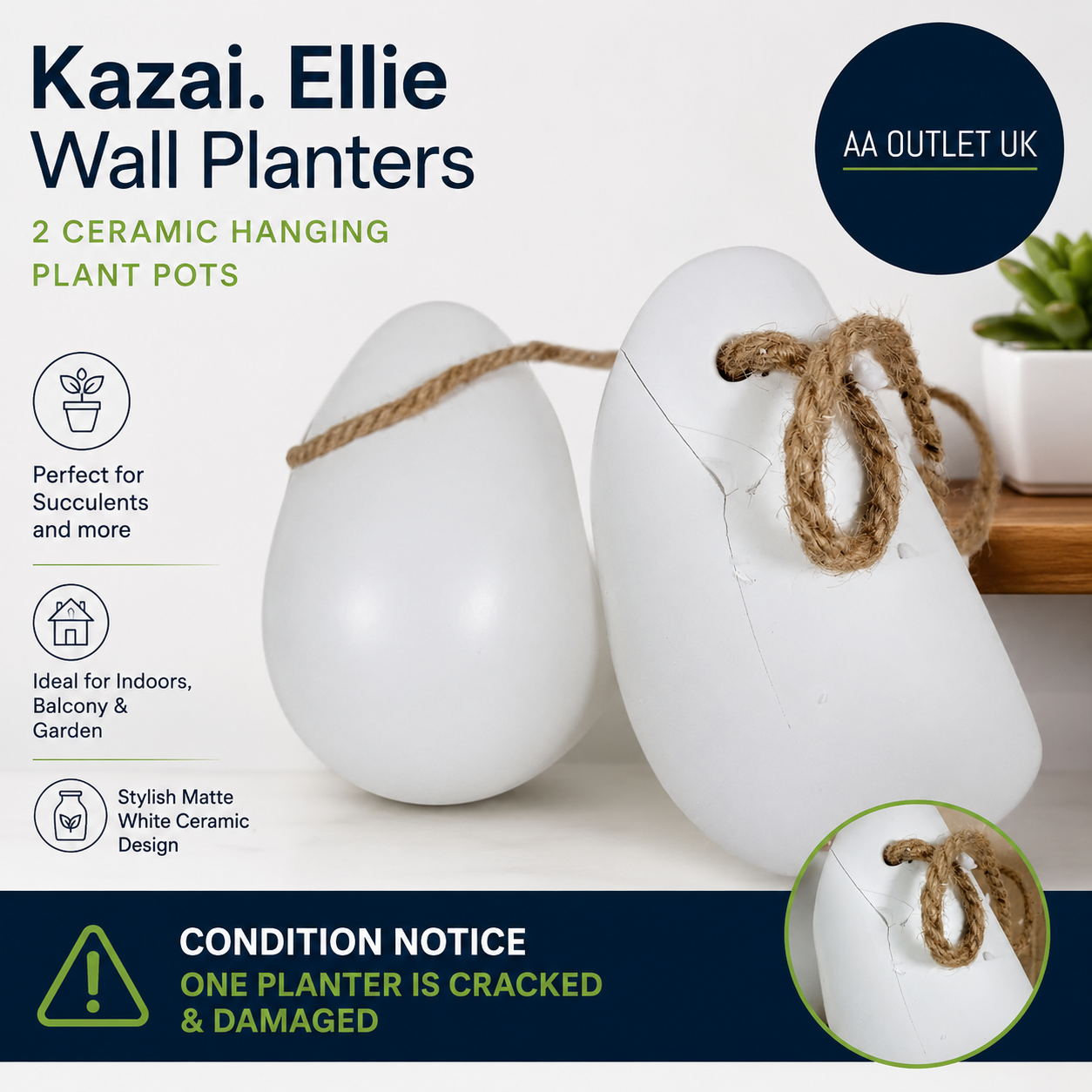 Kazai Wall Planters Ellie Hanging Ceramic Plant Pots 2 Pieces White Matte