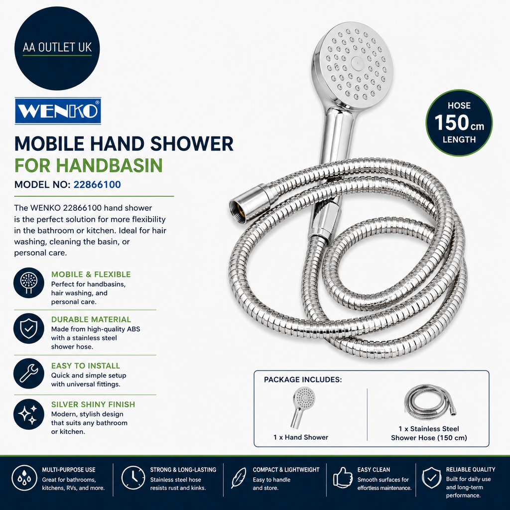 Wenko 22866100 Shower Handbasin Mobile Hand Stainless Steel 170x3.5x6.5cm