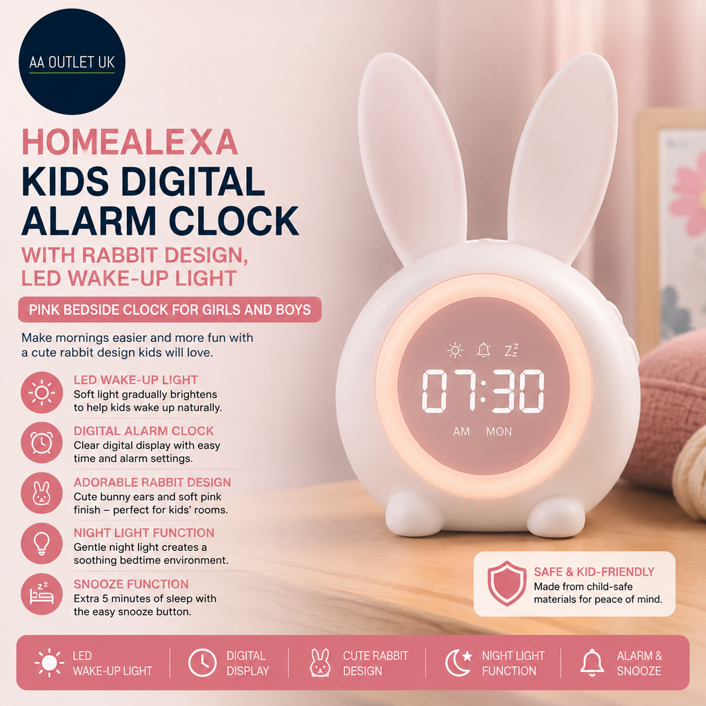 Homealexa Kids Digital Alarm Clock Rabbit Design LED Wake Up Light Pink