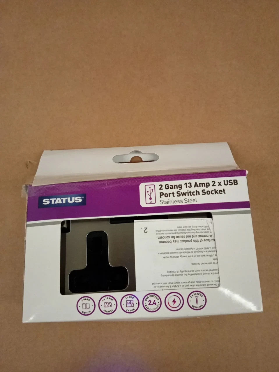 Status Stainless Steel Double Switched Power Plug SSS2G13A2USBSWS8 13A 2 Gang