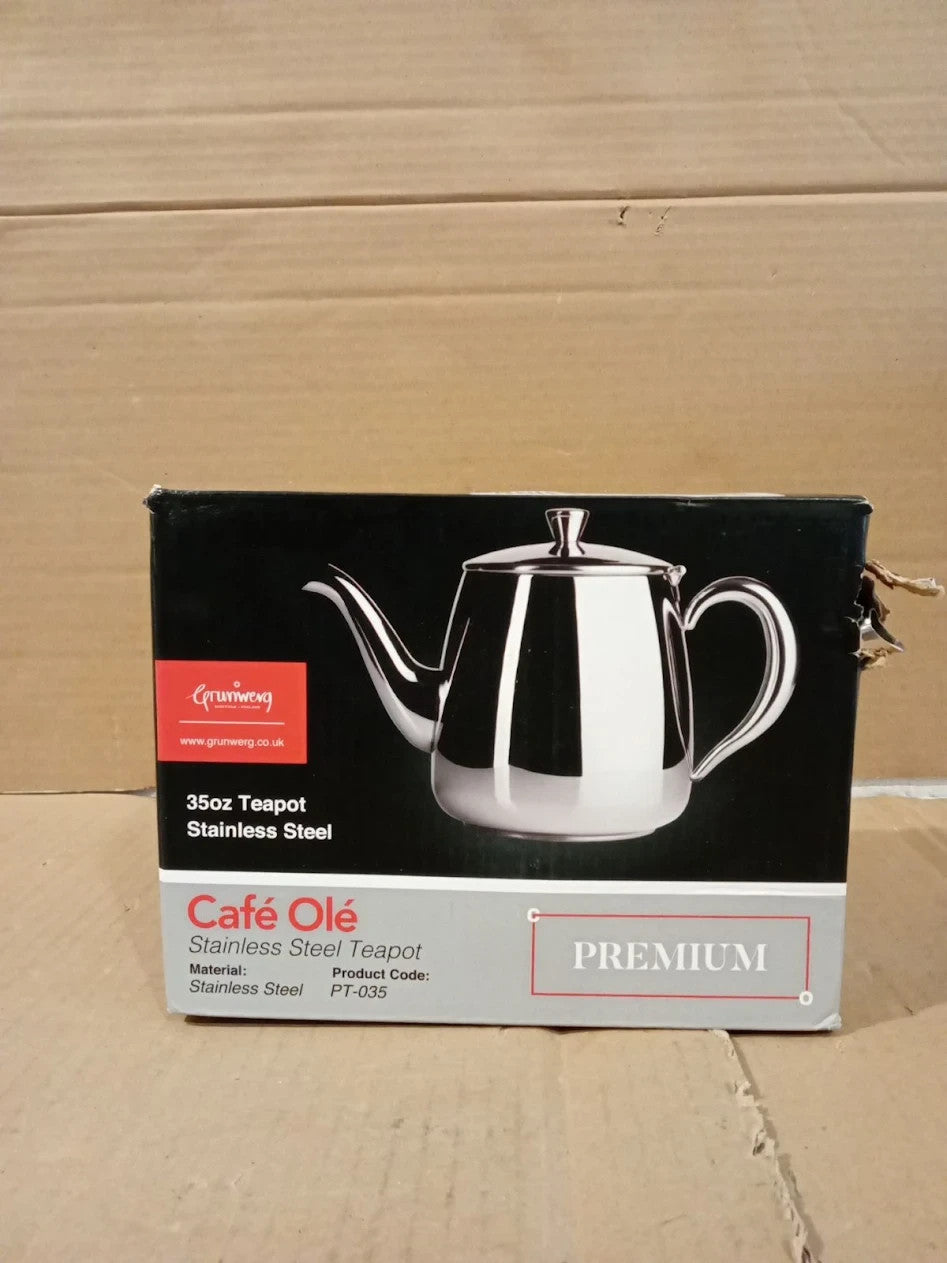 Cafe Ole PT035 Premium Tea Pot 18/10 Stainless Steel Mirror Polished 35oz Silver