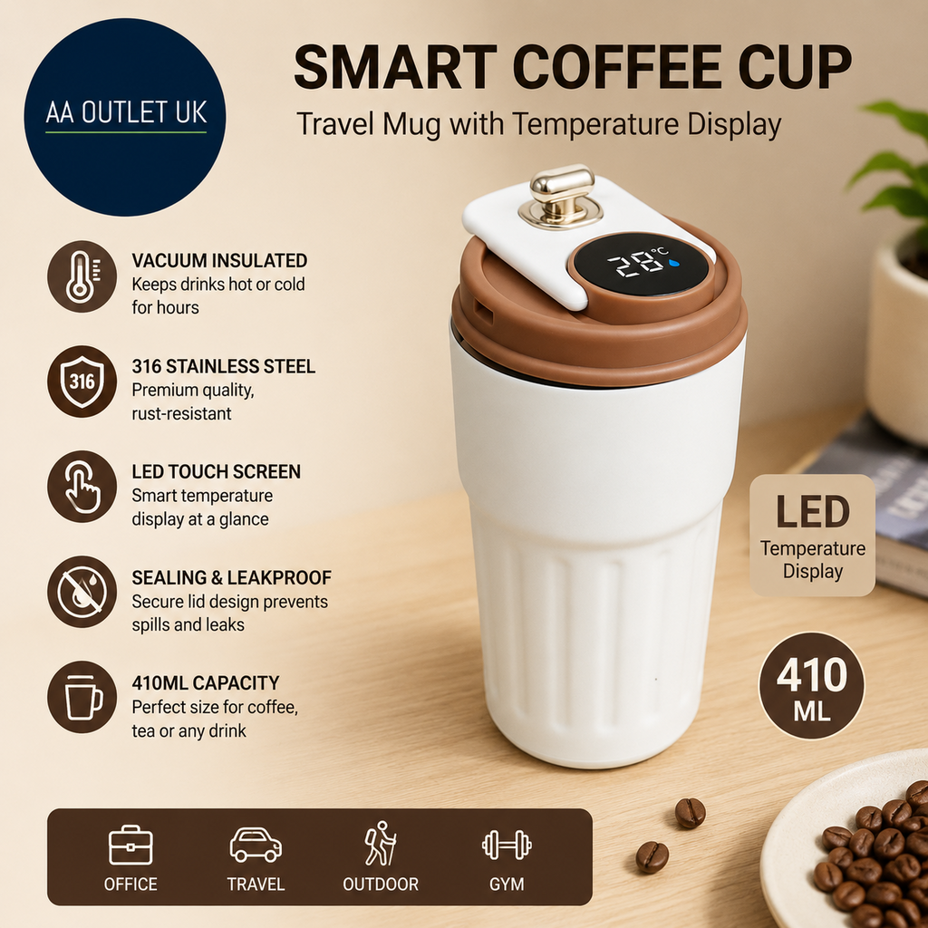 Homealexa Coffee Cup Travel Mugs Vacuum Insulating Stainless Steel LED 410ML
