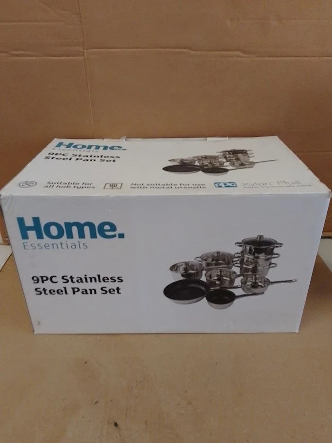 Argos Home Essentials 9 Piece Stainless Steel Pan Set Glass Lids Silver New