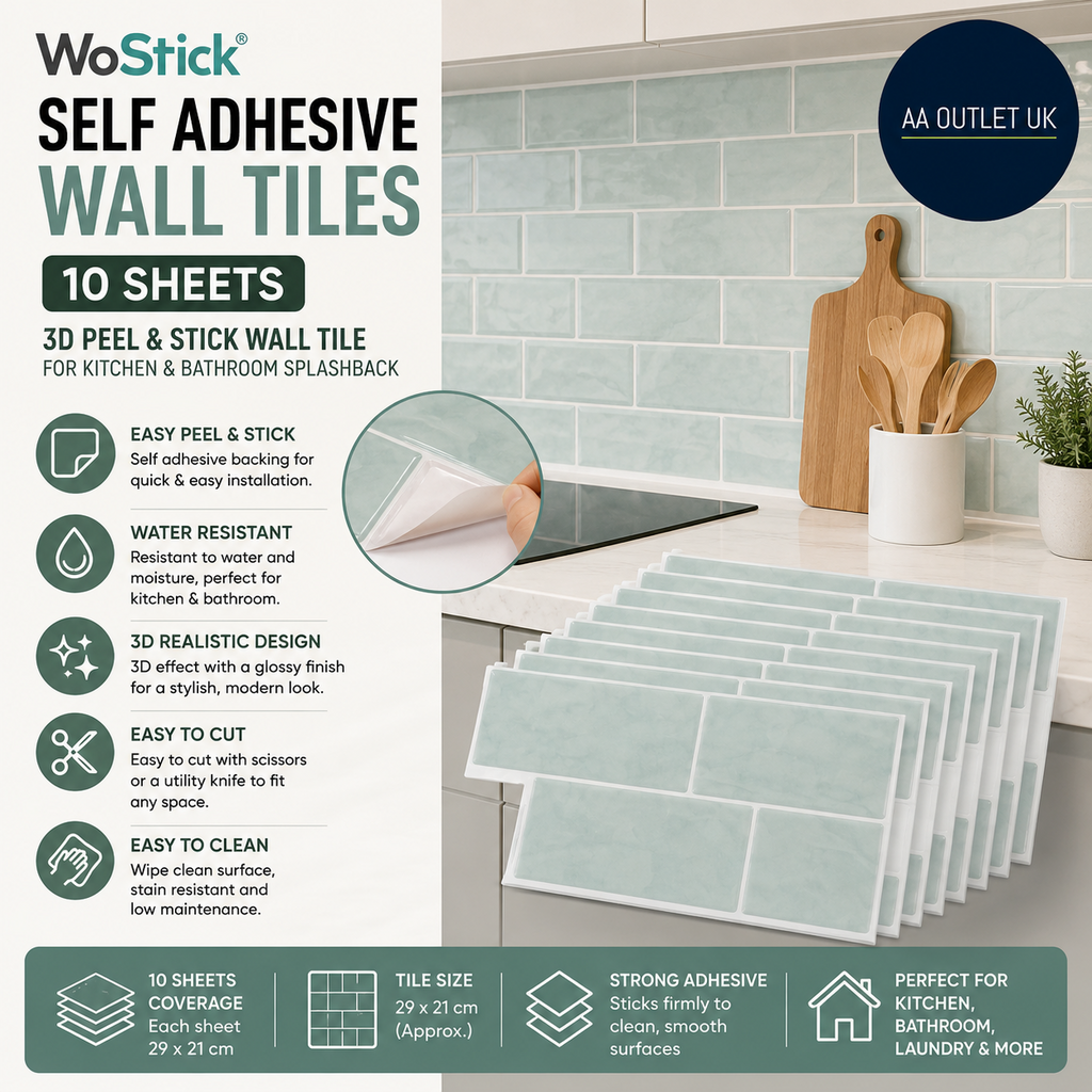 WoStick Self Adhesive Wall Tiles 10 Sheets 3D Peel Stick Kitchen 29x21cm