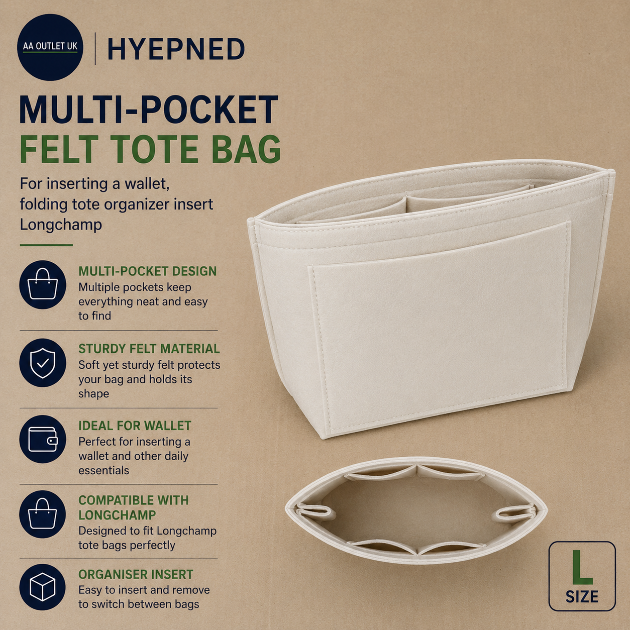 HYEPNED Multi Pocket Felt Tote Bag Inserting Wallet Organizer Khaki Large